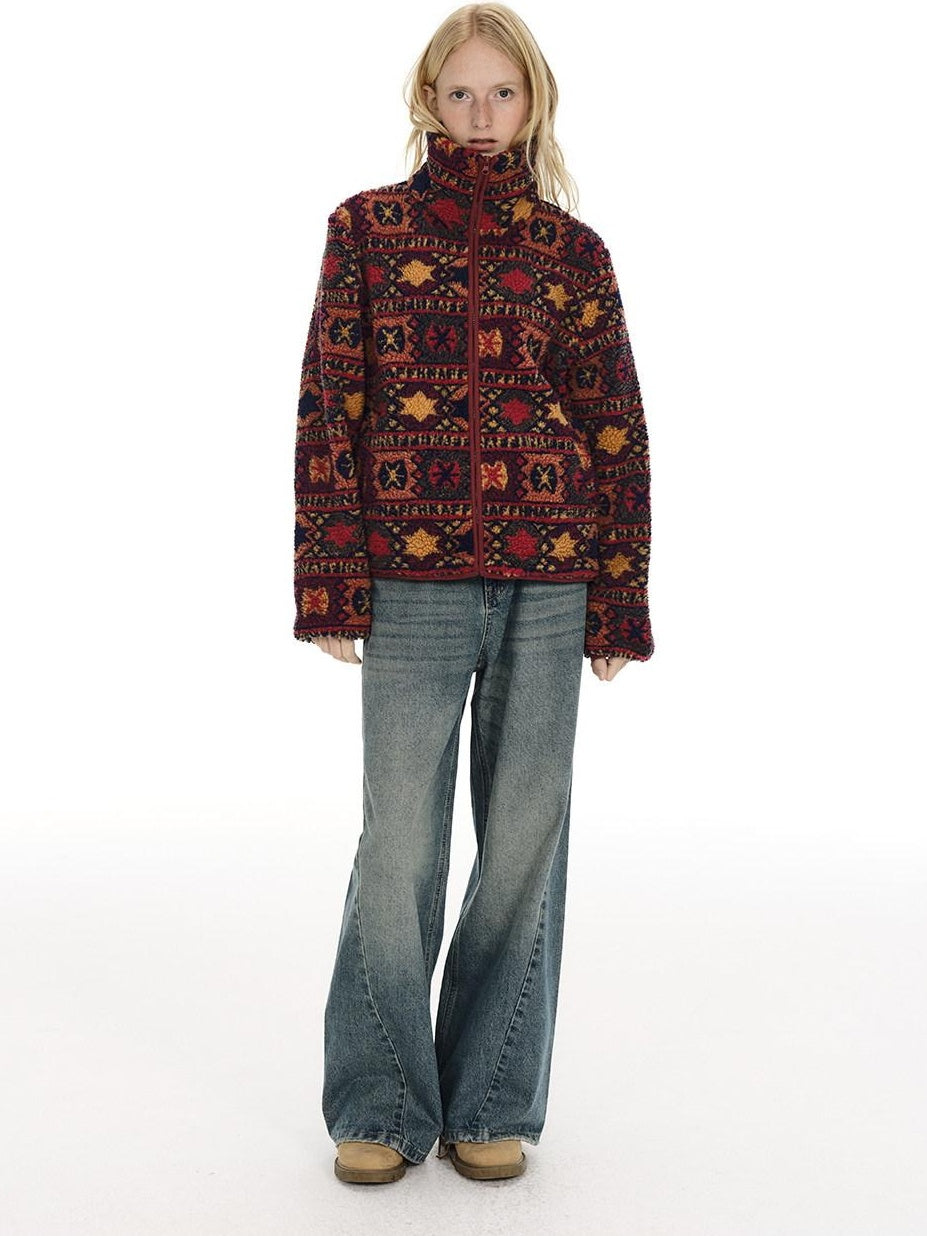 Country Moment Jacquard Thick Cooling Loose Ethnic Stand Collar Retro Red Zip Cropped Jackets