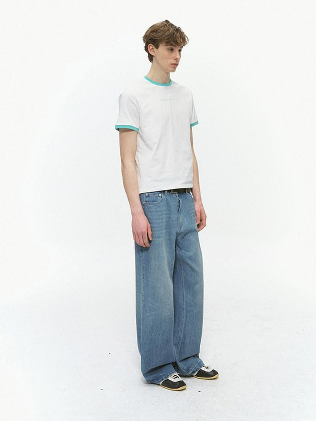 Country Moment Washed Printed Mid Rise Loose Five Pocket Casual Denim Blue Wide Leg Jeans