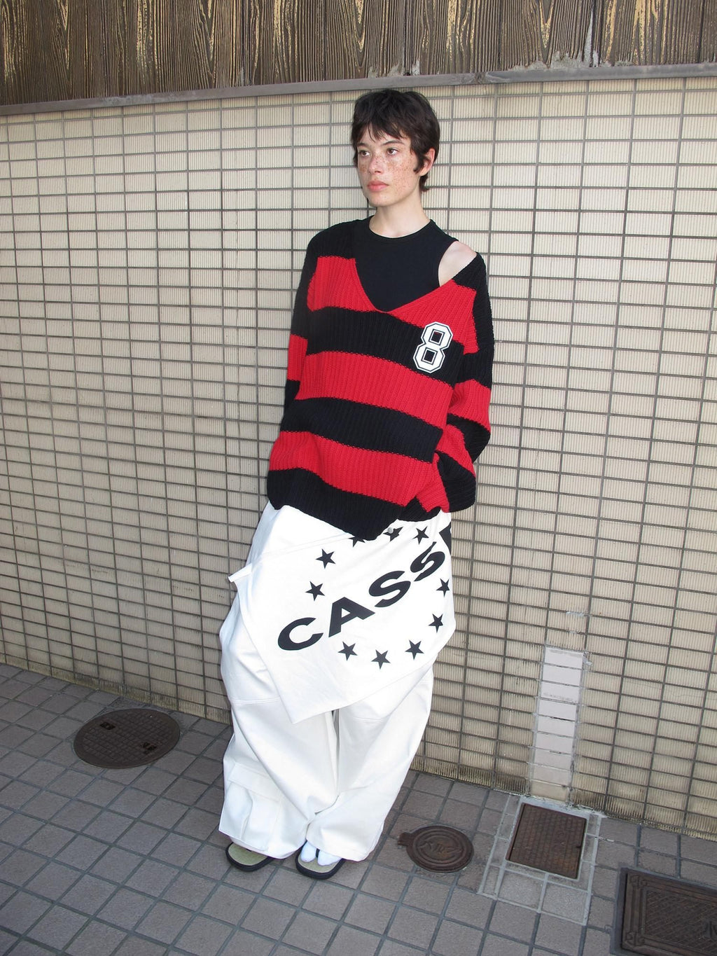 CasseSango Soft Breathable V-neck Openwork Colorblock Loose Unisex Casual Striped Sweaters