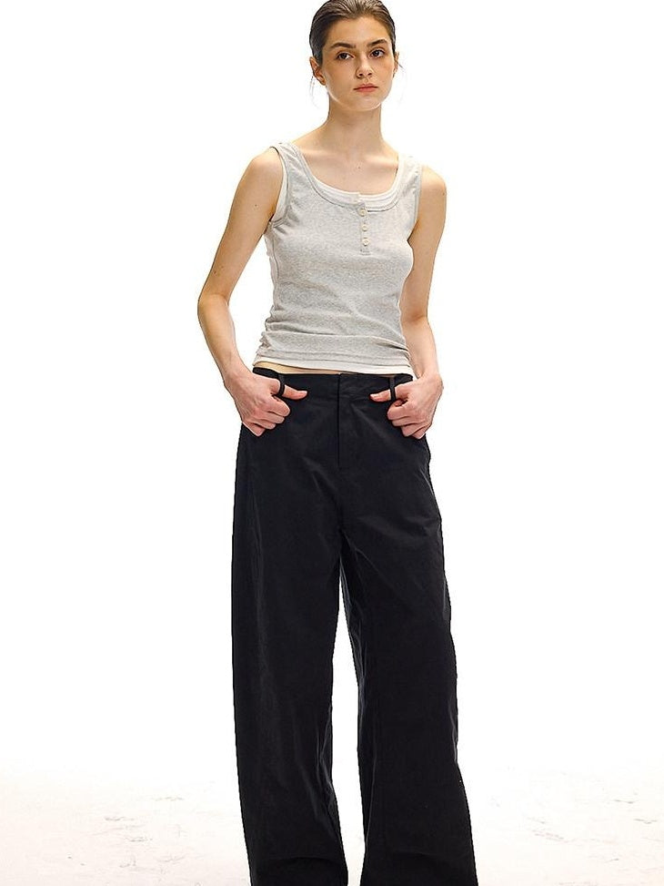 Country Moment Versatile Simple Mid Rise Cotton Stretch Straight Relaxed Black Wide Leg Pants