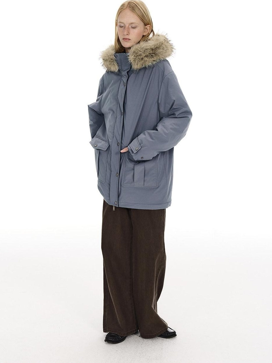 Country Moment Warm Cotton Lined Oversized Quilted Hooded Light Gray Youth Puffer Jackets