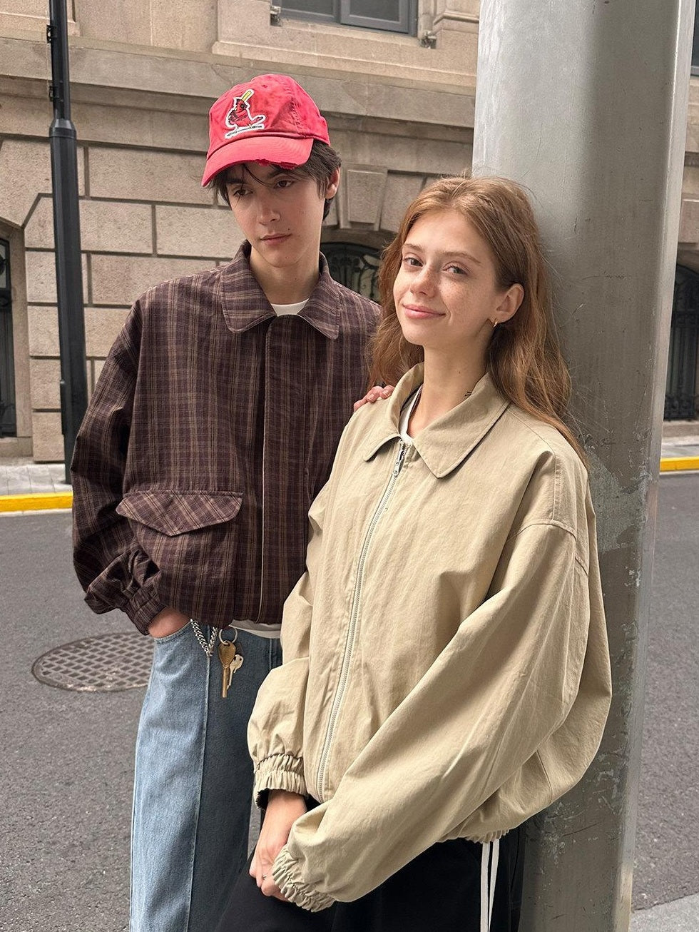 Country Moment Cotton Loose Fit Zip Lapel Short Youth Unisex Khaki Plaid Cropped Jackets