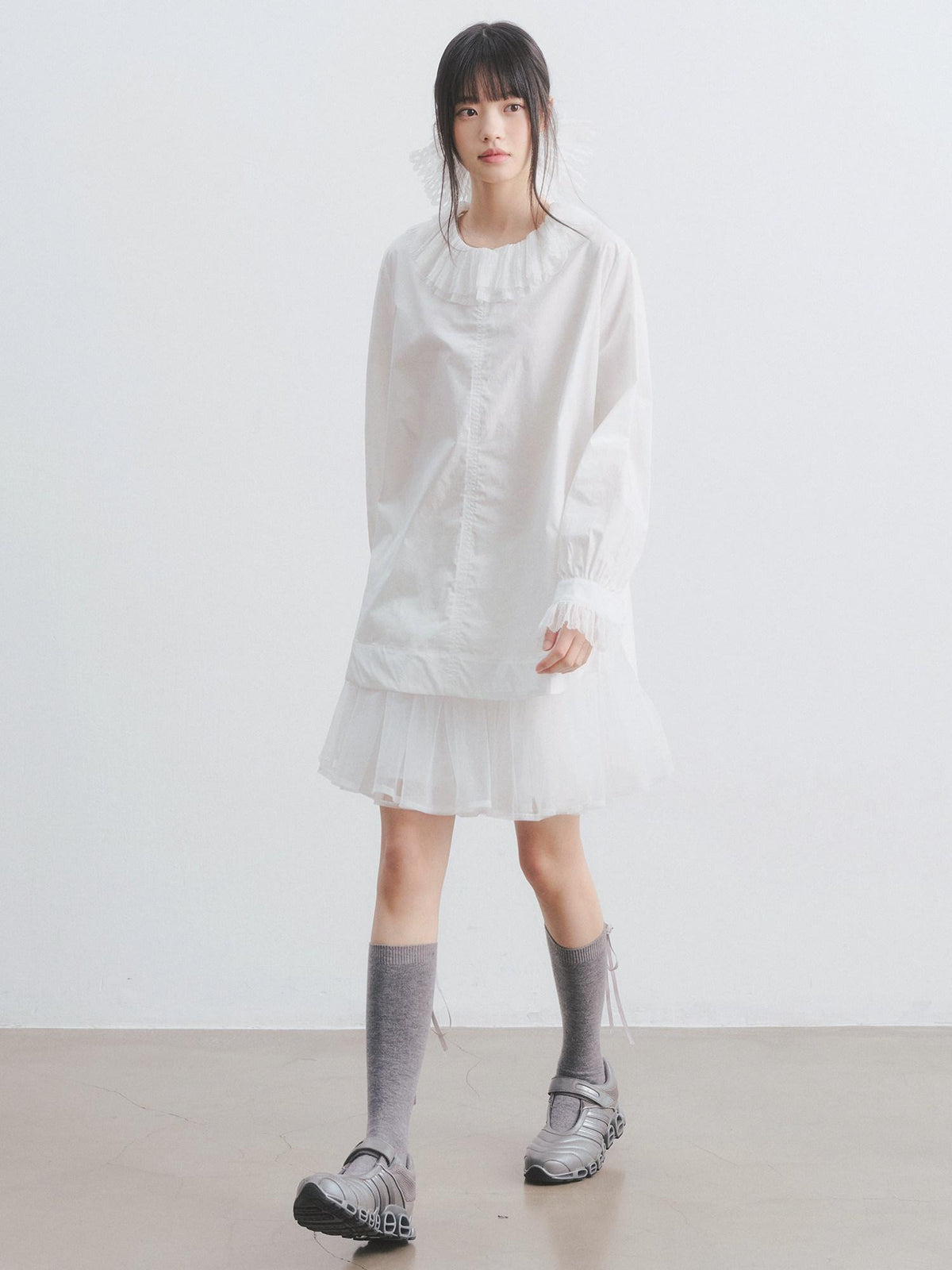 DDGIRL studio Breathable Cotton Lace Doll Collar Petal Sleeve Long Loose Commuter White Shirts