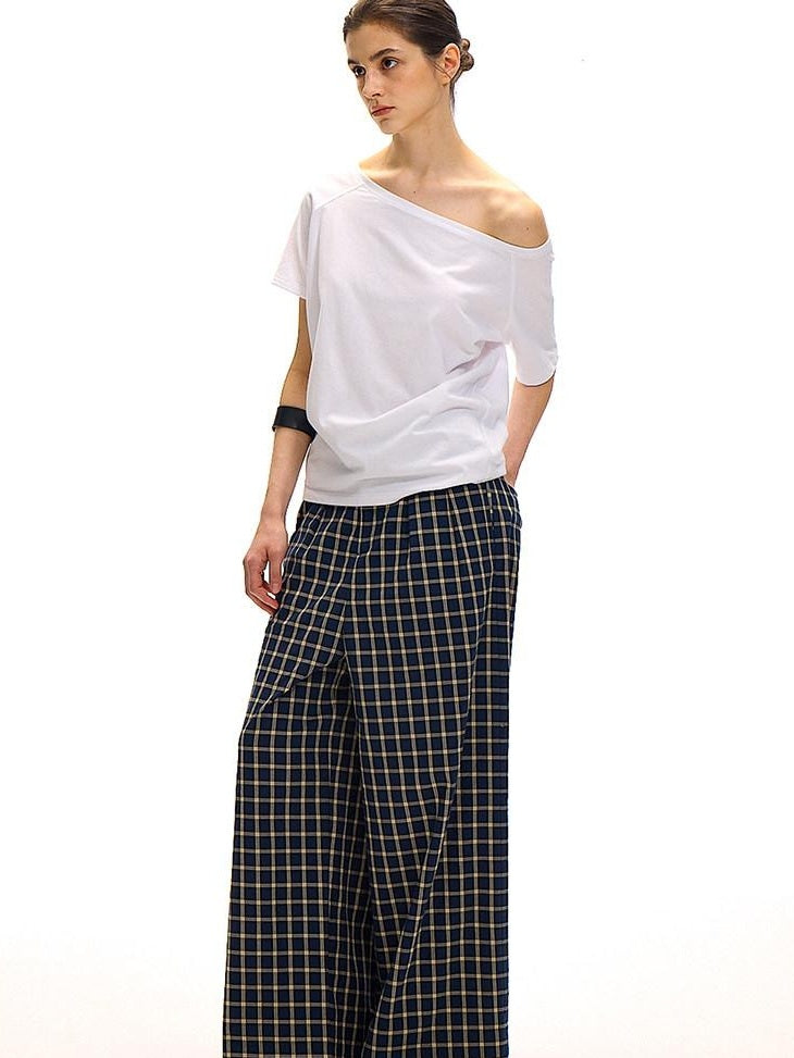 Country Moment Versatile Minimal Indigo Check Cotton Natural Waist Straight Wide Leg Pants