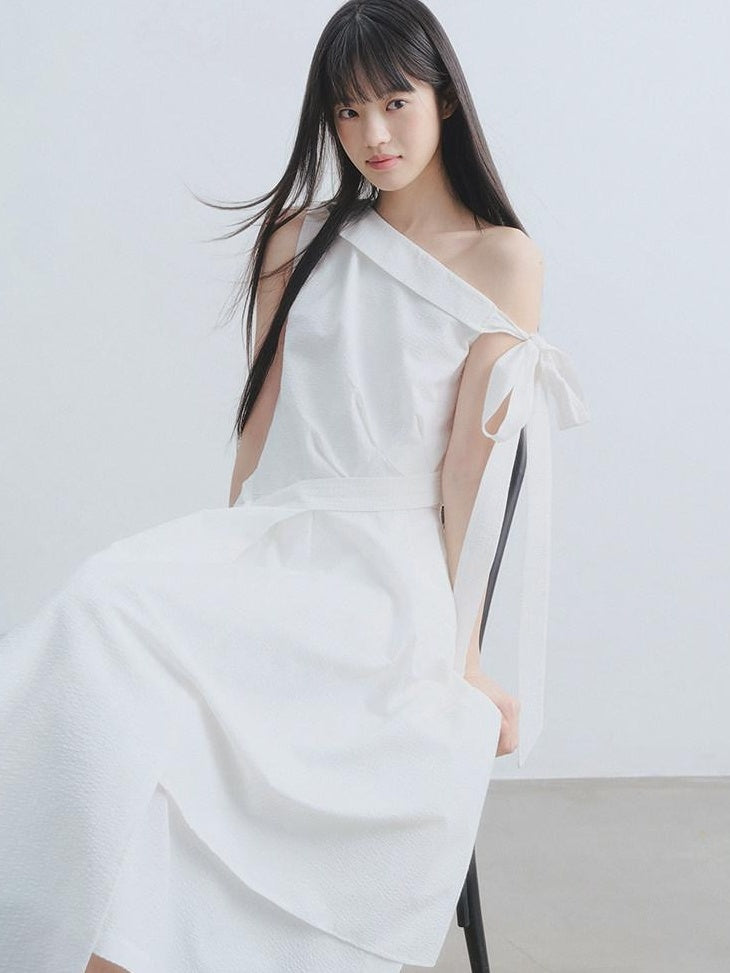 DDGIRL studio High Waist Asymmetric One Shoulder Workwear A Line Side Zipper Midi Dresses