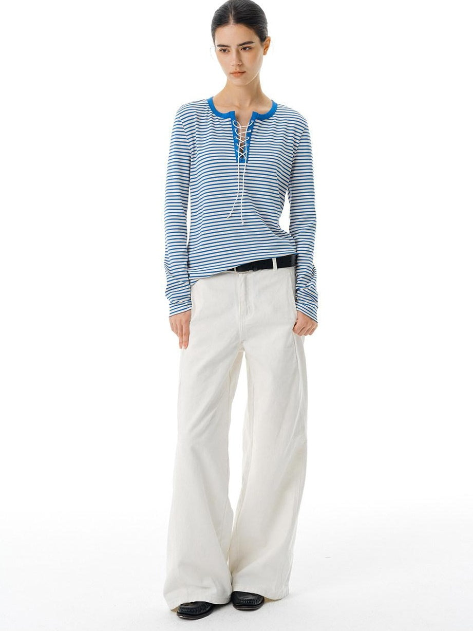 Country Moment Stretch Polyester Henley Tie Blue White Striped Unisex Long Sleeve T-Shirts