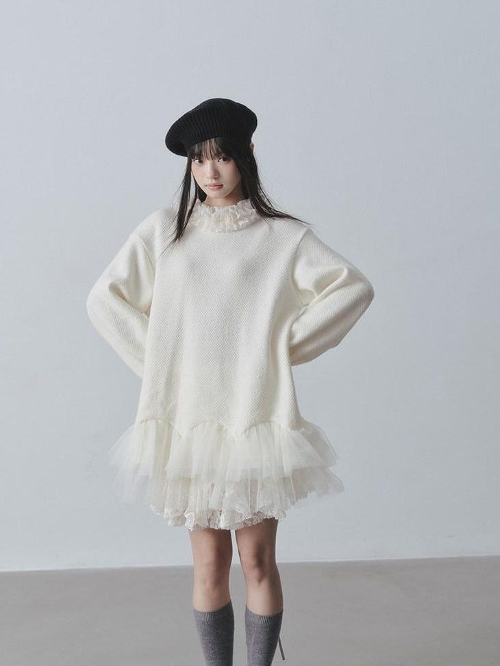 DDGIRL studio Sweet Soft Knit Tulle Panel A Line Long Sleeve Back Button Mini Dresses