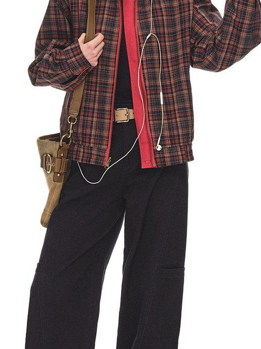 Country Moment Reversible Relaxed Unisex Cotton Plaid Zip Collar Ribbed Hem Cropped Jackets