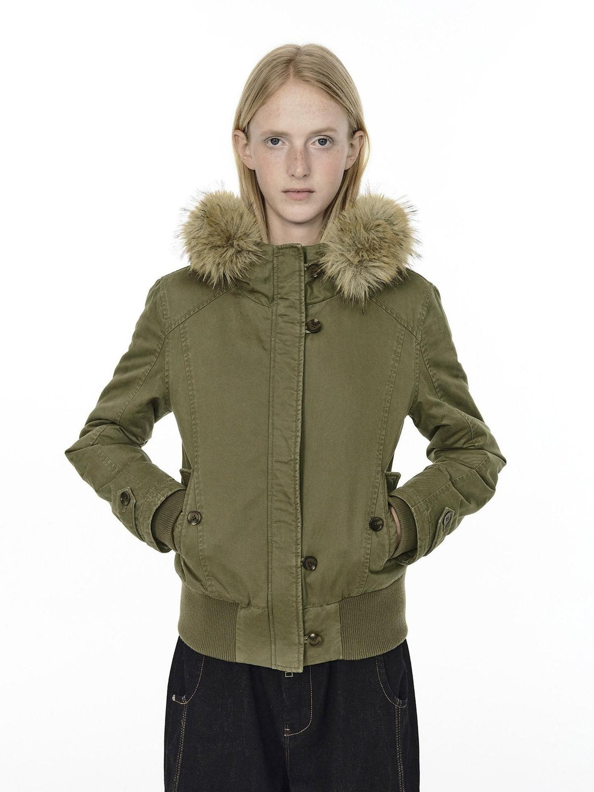 Country Moment Warm Cotton Quilted Hooded Vintage Green Casual Youth Ribbed Hem Puffer Jackets