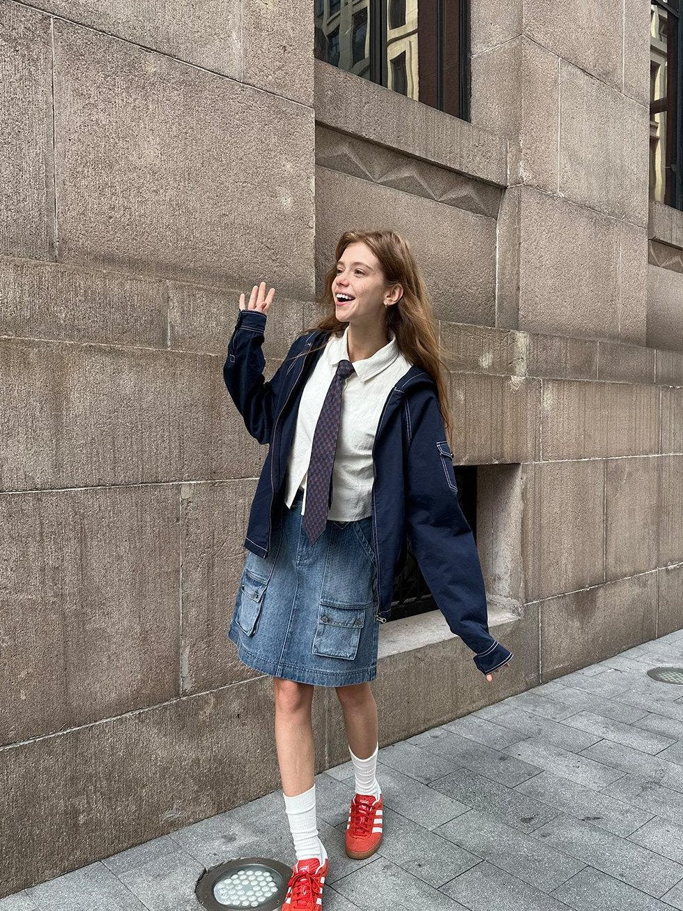 Country Moment Pure Cotton Loose Crop Hoodie Zipper Long Sleeve Navy Teen Casual Blouses