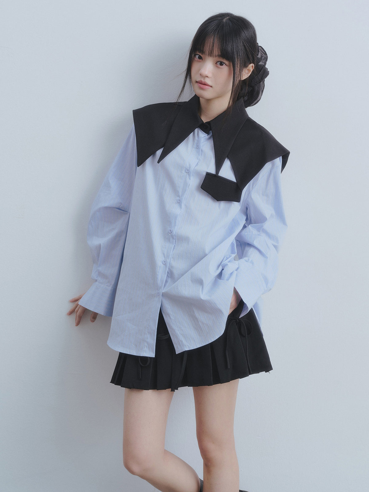 DDGIRL_studio_Breathable_Cotton_Loose_Faux_Layer_Pleat_Sleeve_Striped_Navy_Collar_Shirts_MISSTT