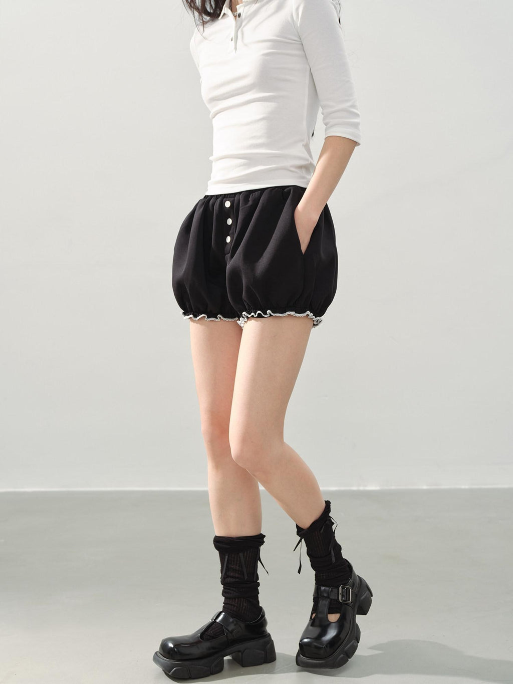DDGIRL studio High Waist Black Casual Lantern Silhouette Teen Stretch Polyester Modal Shorts