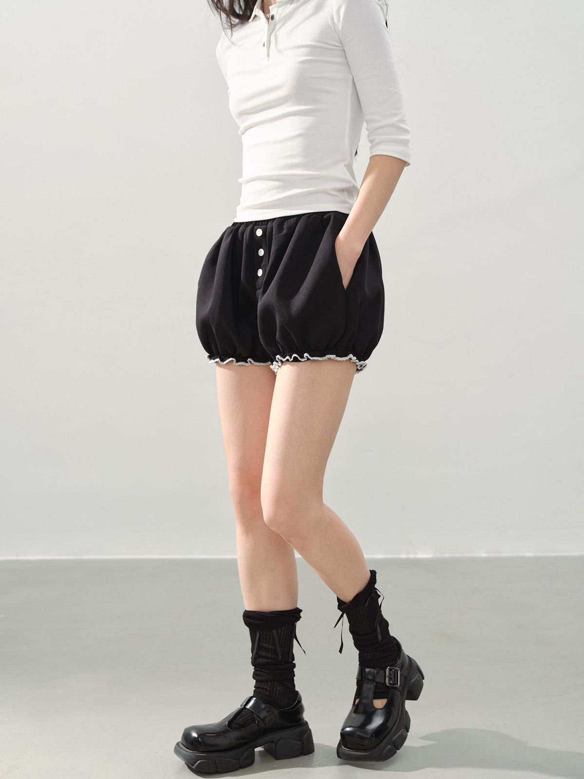 DDGIRL studio High Waist Black Casual Lantern Silhouette Teen Stretch Polyester Modal Shorts