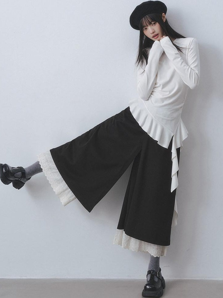 DDGIRL studio Soft Stretch Ruffle Asymmetric Slim Waist Women White Long Sleeve T-Shirts