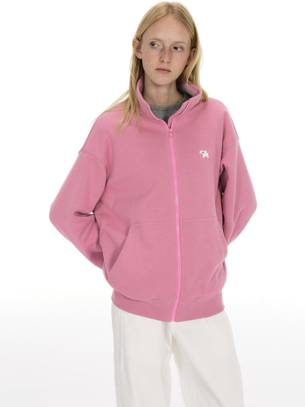 Country Moment Cozy Fleece Thick Loose Embroidered Stand Collar Unisex Cotton Zip Sweatshirt
