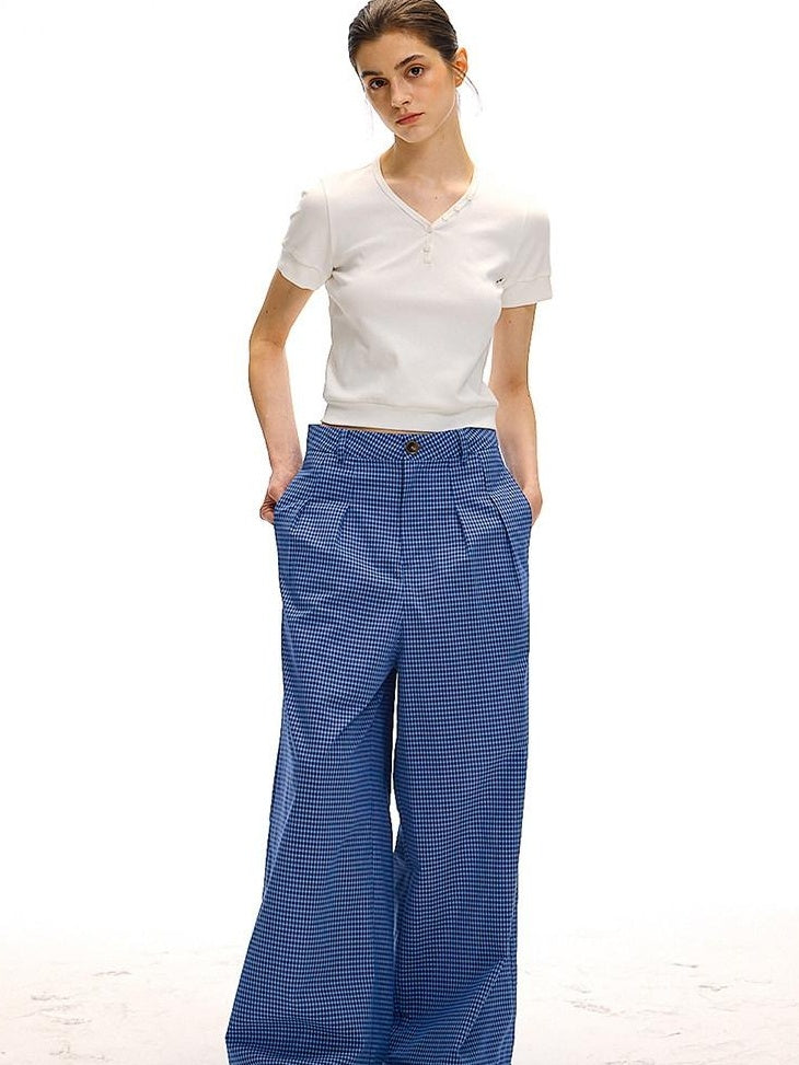 Country Moment 100 Percent Cotton Vintage Natural Waist Pockets Gem Blue Plaid Wide Leg Pants