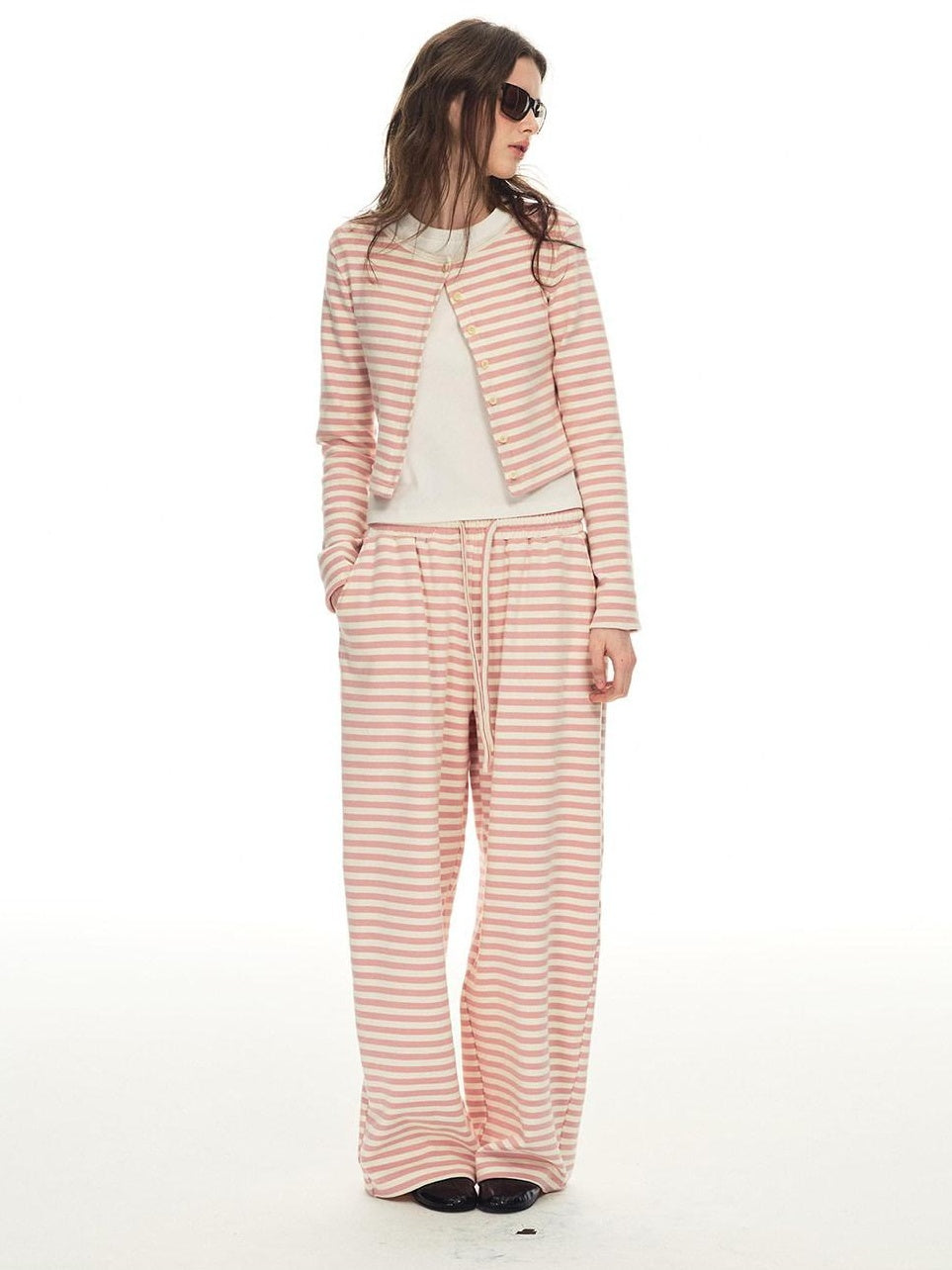 Country Moment Breathable Cotton Slim Fit Piped Pink Striped Casual Top & Pants Sets