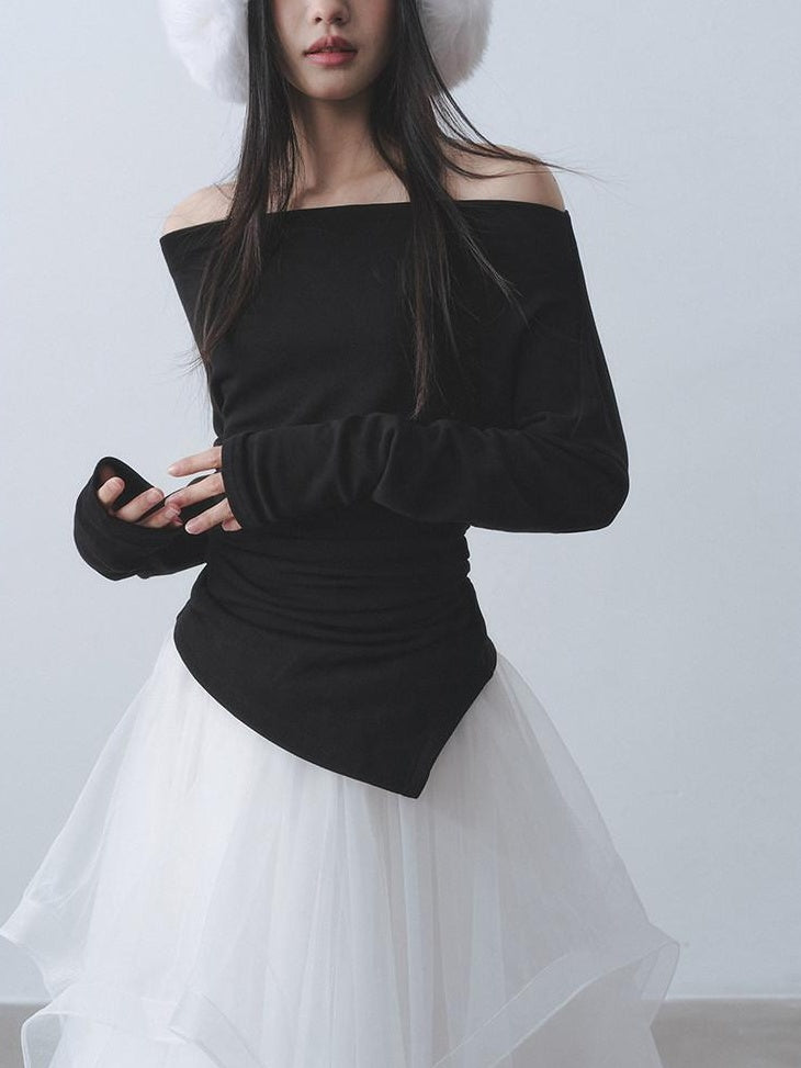 DDGIRL studio Soft Rayon Asymmetric Pleat Boat Neck Slim Women Black Long Sleeve T-Shirts