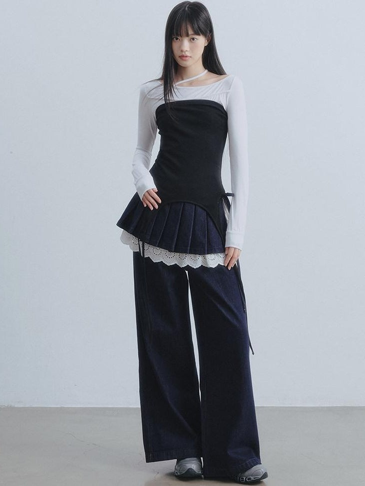 DDGIRL studio Washed High Waist Lace Trim Non Stretch Zip Fly Navy Comfort Wide Leg Jeans