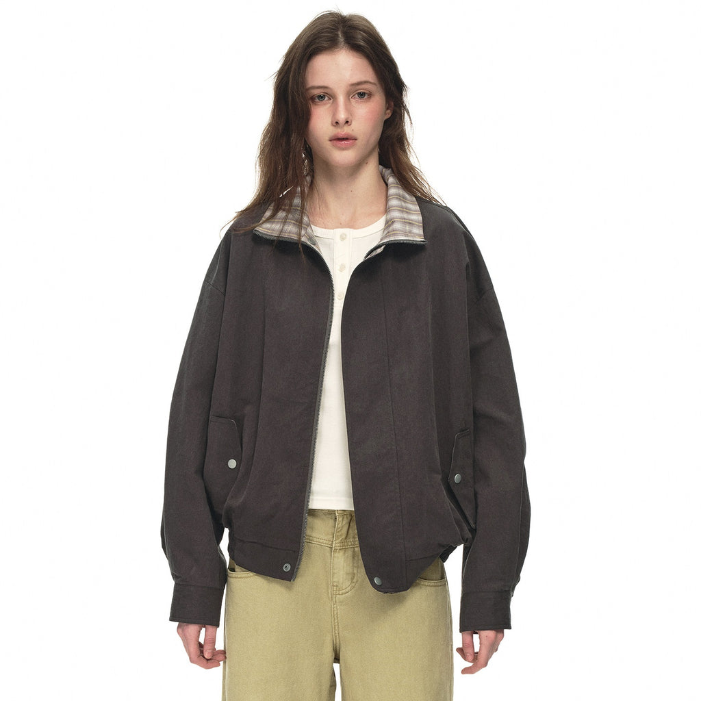 Country_Moment_Contrast_Patchwork_Relaxed_Check_Zip_Long_Sleeve_Womens_Cropped_Jackets_MISSTT