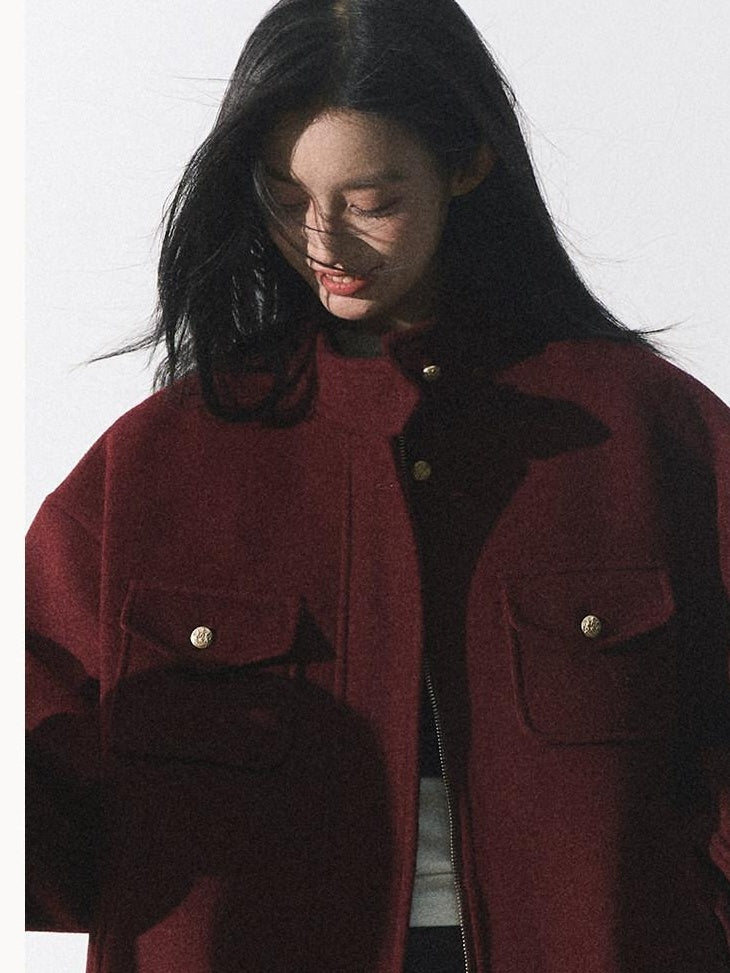 7 OAKMOO Wool Blend Stand Collar Loose Fit Pocket Zip Long Sleeve Women Cropped Jackets