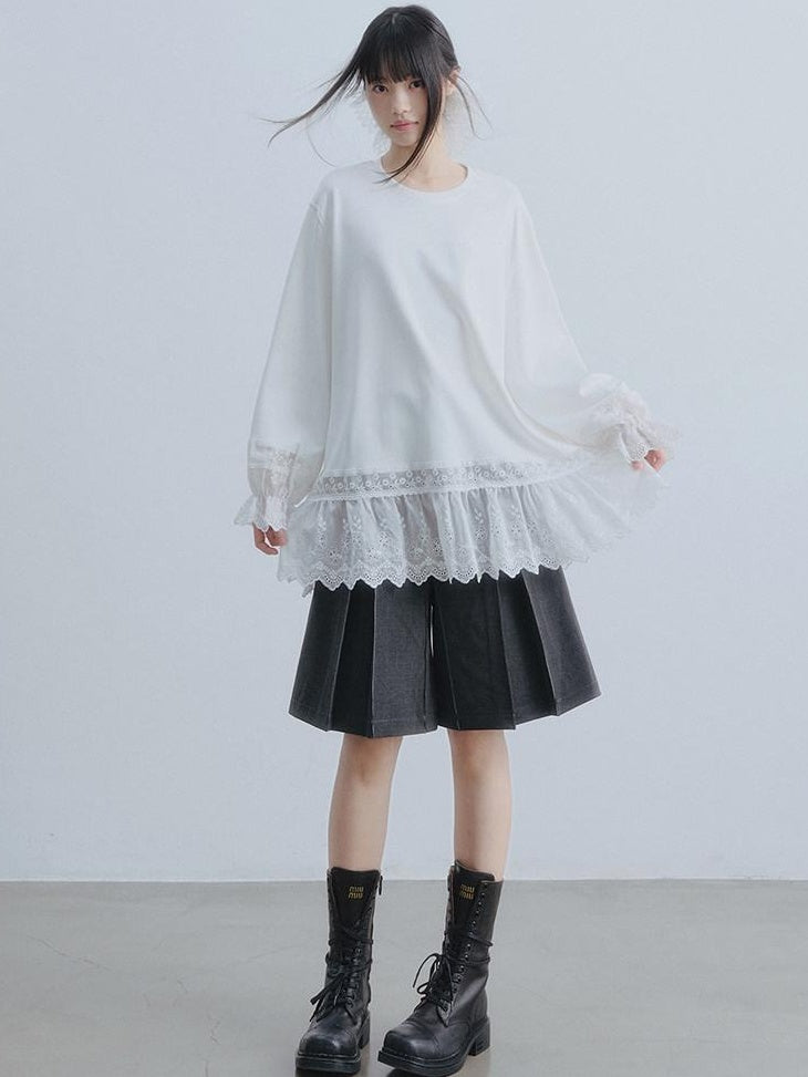 DDGIRL studio Layered Lace Oversized Puff Sleeve Womens Cotton White Long Sleeve T-Shirts