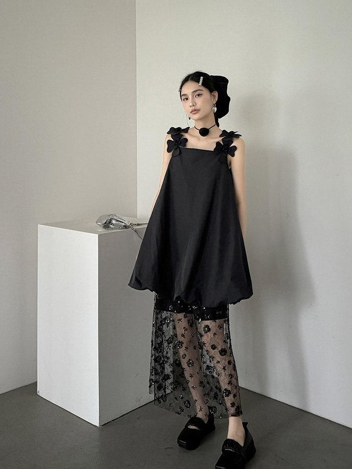 DDGIRL studio Washed Cotton Nylon Blend Strappy A Line Loose Waist Commuter Black Midi Dresses