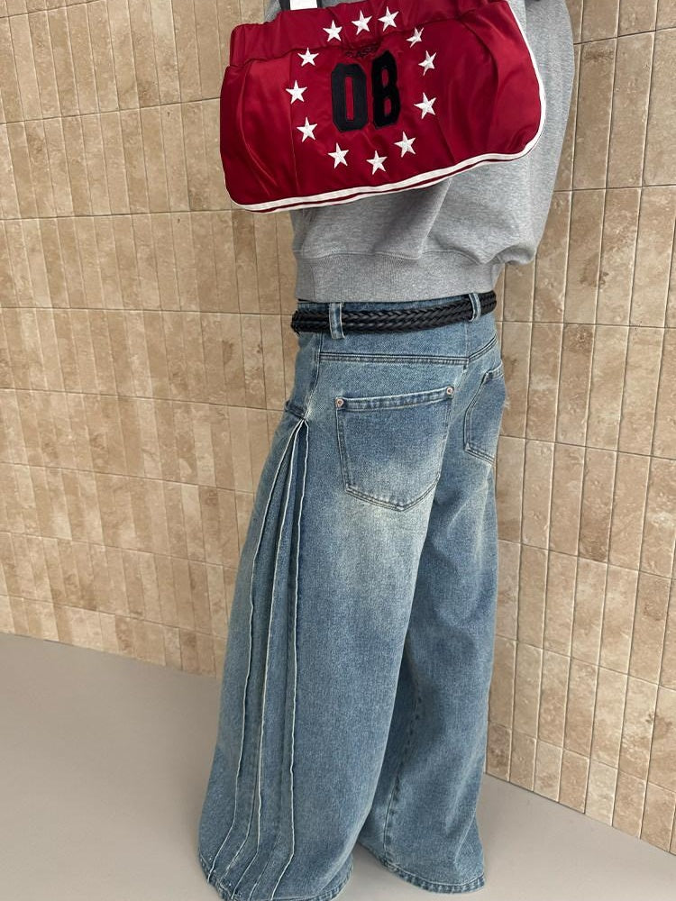 CasseSango Durable Cotton Mid Rise Pleated Loose Fit Washed Blue Wide Leg Jeans