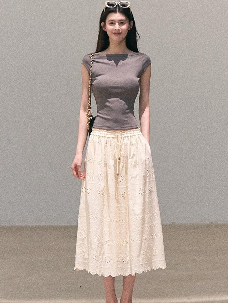 7 OAKMOO Cotton Lined Embroidered A Line Ruffle Elastic Mid Waist Women Maxi Skirts