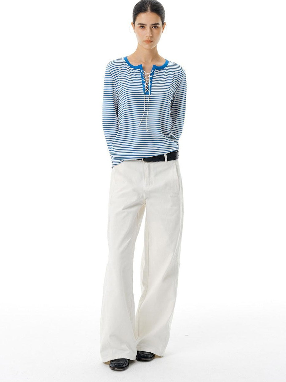 Country Moment Stretch Polyester Henley Tie Blue White Striped Unisex Long Sleeve T-Shirts