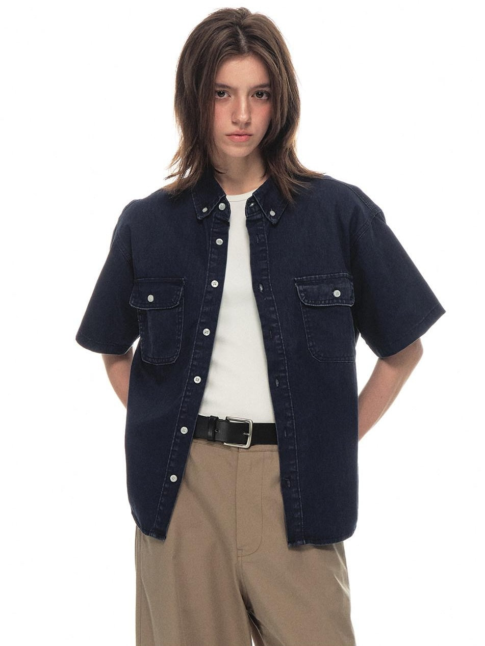 Country Moment Breathable 100% Cotton Patch Pocket Turn Down Collar Regular Men Indigo Shirts