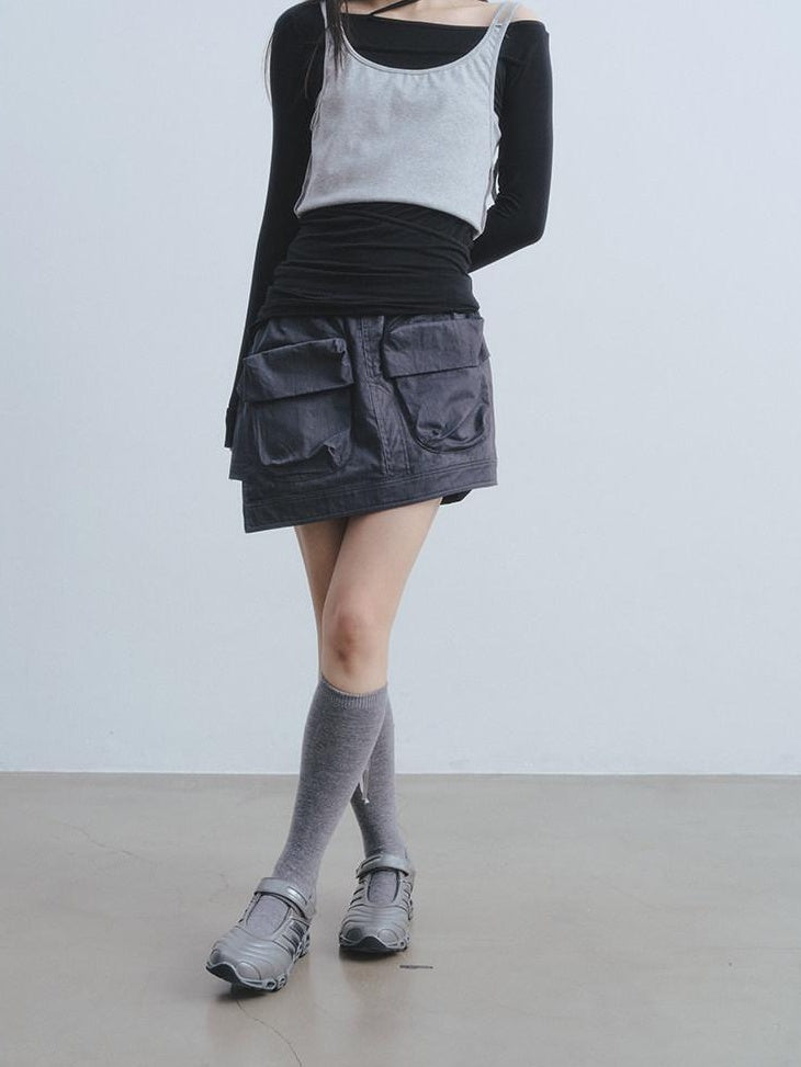 DDGIRL studio Soft 100 Percent Cotton High Waist Cargo Office Women Dark Gray Mini Skirts