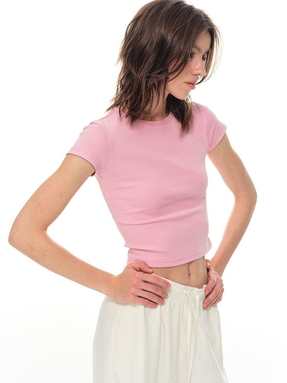Country Moment Cooling Breathable Cotton Slim Fit Round Neck Short Sleeve Women Basic Crop Tops