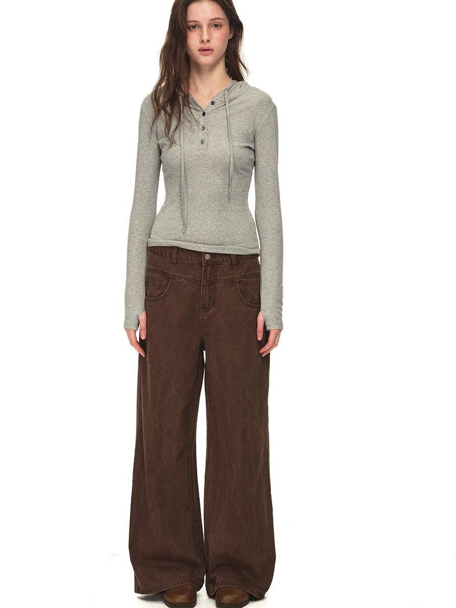 Country Moment Breathable Viscose Blend Hooded Henley Slim Casual Women Long Sleeve T-Shirts