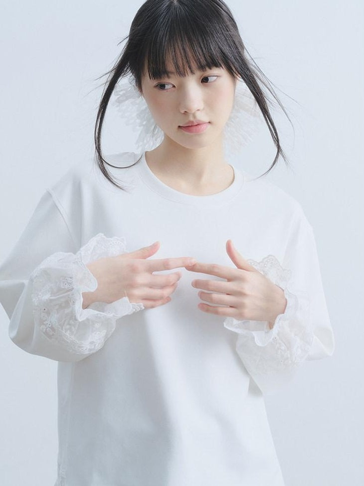 DDGIRL studio Layered Lace Oversized Puff Sleeve Womens Cotton White Long Sleeve T-Shirts