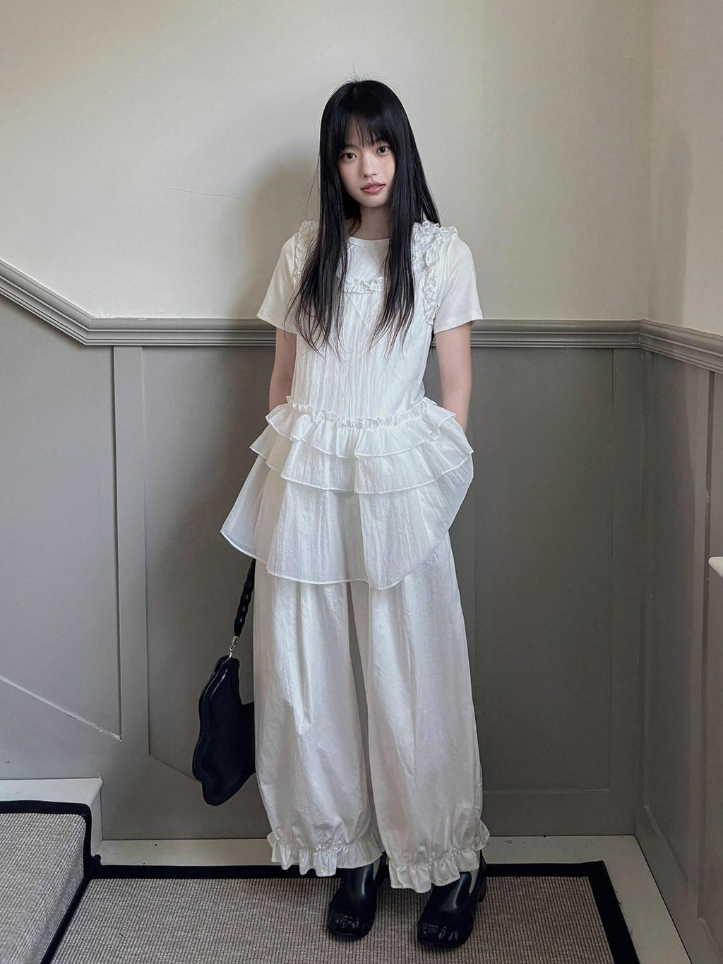 DDGIRL studio Original High Waist Drawstring Washed Cotton Nylon Lantern White Wide Leg Pants