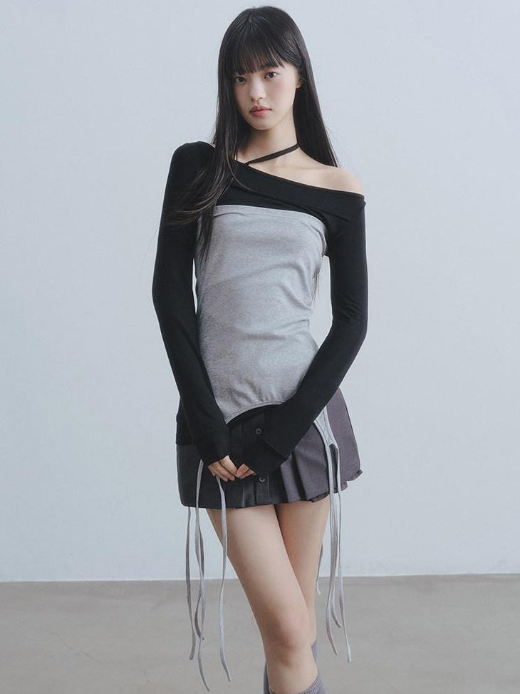 DDGIRL studio Breathable Patchwork Neckline Women Regular Contrast Cami Long Sleeve T-Shirts