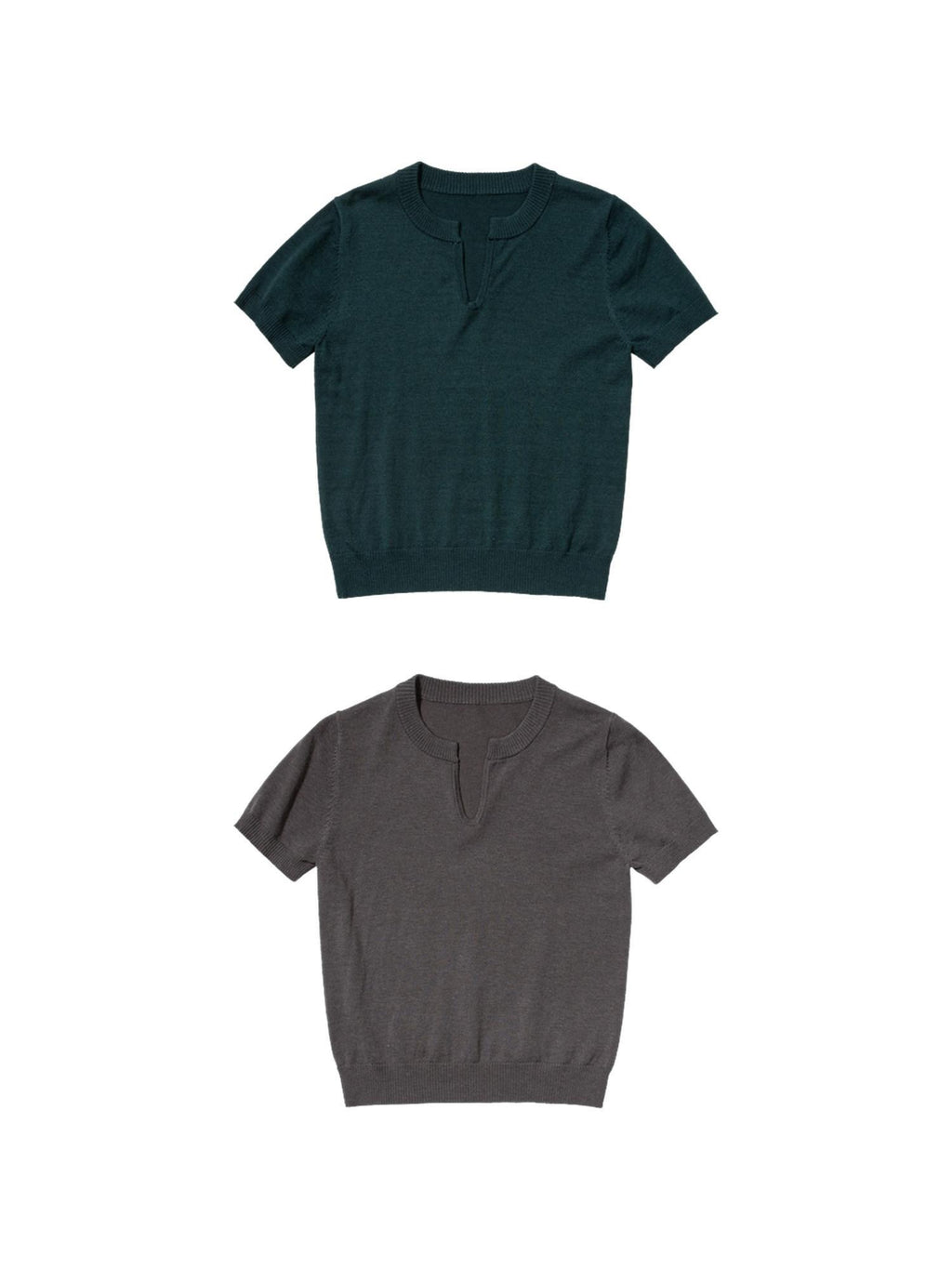 Country Moment Silk Wool Blend Patchwork V-neck Slim Fit Work Olive Brown Short Sleeve T-Shirts