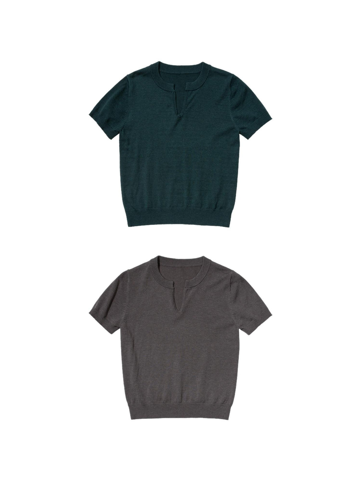 Country Moment Silk Wool Blend Patchwork V-neck Slim Fit Work Olive Brown Short Sleeve T-Shirts
