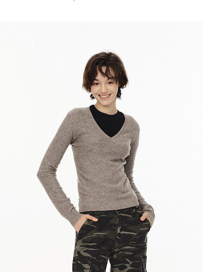 Country Moment Soft Wool Blend Slim Fit American V-neck Women Casual Knit Sweaters