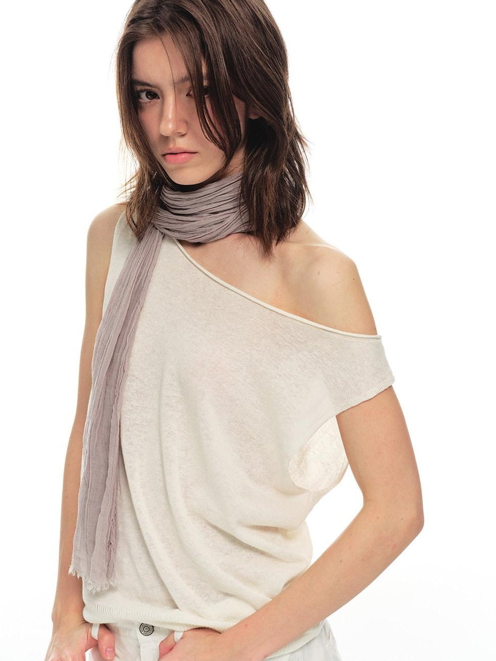 Country Moment Breathable Linen Blend Loose Asymmetric Neckline White Women Casual Tank Tops