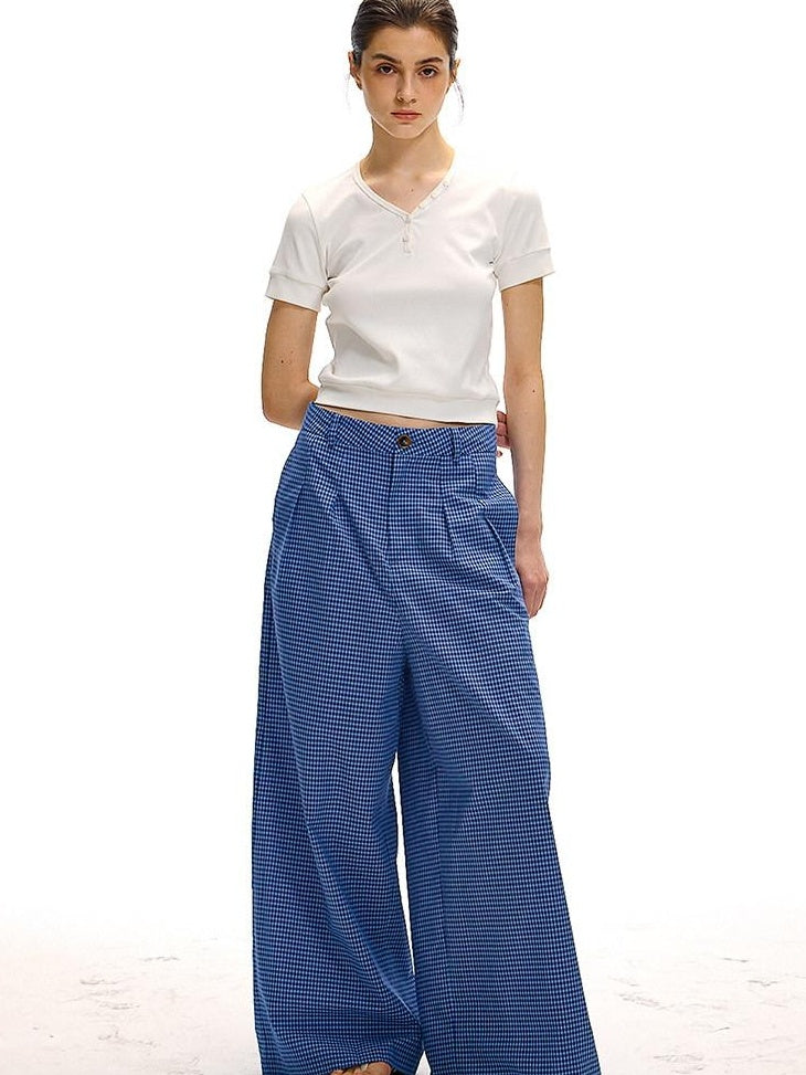 Country Moment 100 Percent Cotton Vintage Natural Waist Pockets Gem Blue Plaid Wide Leg Pants