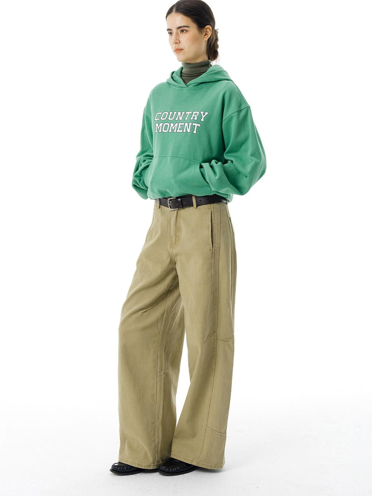 Country Moment Breathable Cotton Mid Waist Patchwork 3D Tailored Casual Khaki Wide Leg Pants