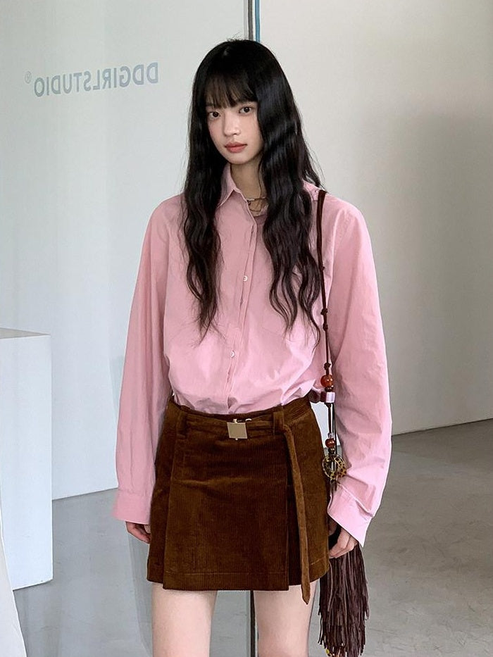 DDGIRL studio Breathable 100% Cotton Loose Fit Polo Collar Button Long Sleeve Pink Shirts