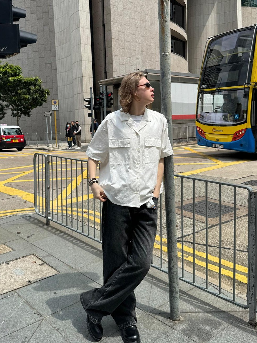 Country Moment Washed Cotton Linen Loose Pocket Cuban Collar Youth Casual American Solid Shirts