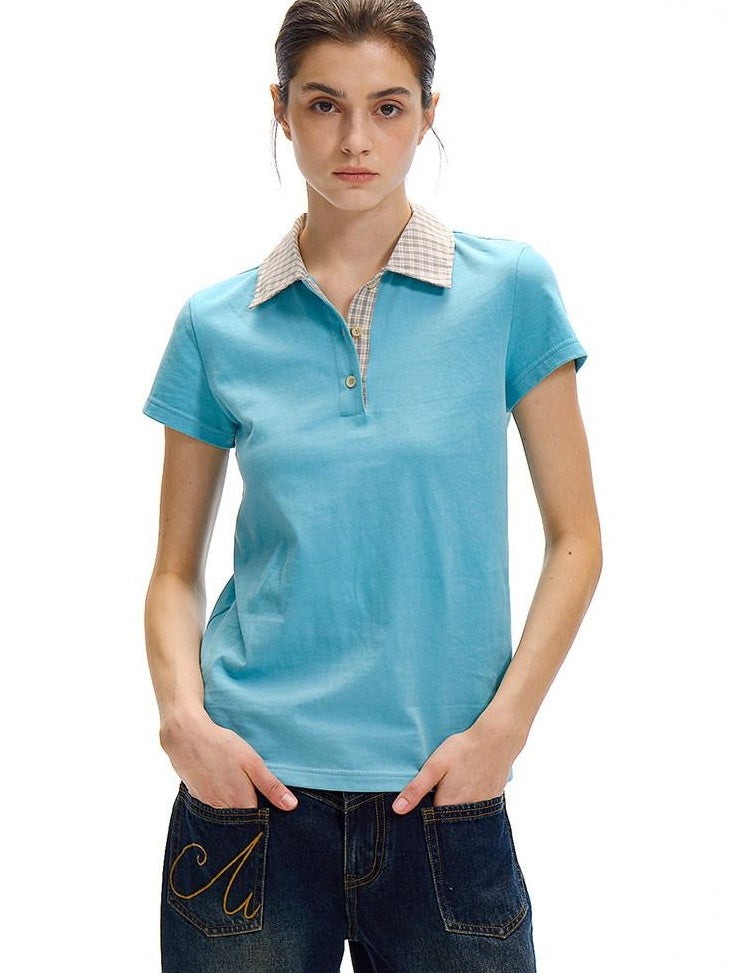 Country Moment 100% Cotton Patchwork Slim Fit Polo Collar Casual Plaid Short Sleeve T-Shirts