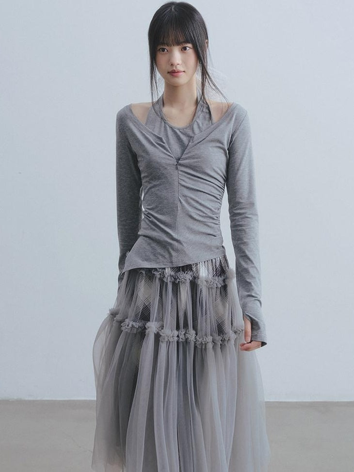 DDGIRL studio Breathable Modal Blend Workwear Slim Layered Women Gray Long Sleeve Crop Tops