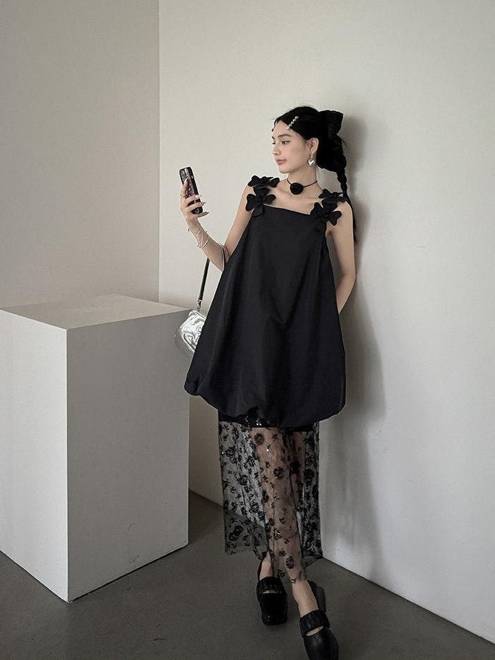 DDGIRL studio Washed Cotton Nylon Blend Strappy A Line Loose Waist Commuter Black Midi Dresses