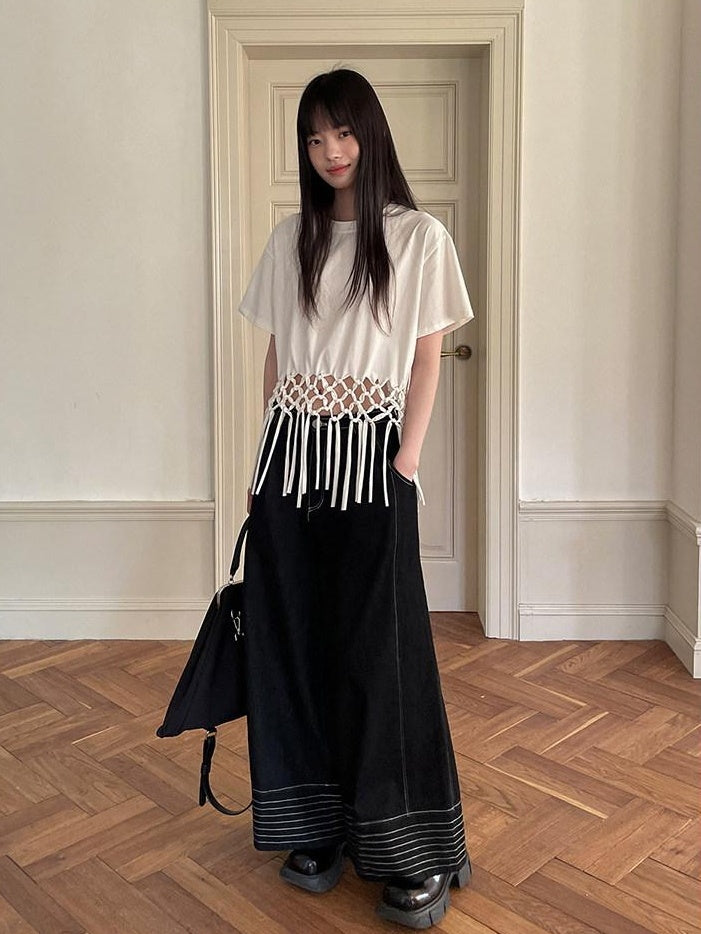 DDGIRL studio White Fringe Cropped Loose 100% Cotton Commuter Crew Neck Short Sleeve T-Shirts