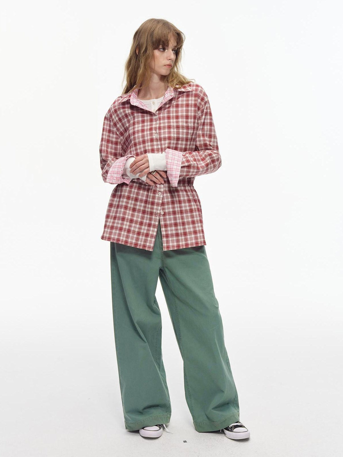 Country Moment Washed 100% Cotton Loose Straight Zipper Fly Youth Everyday Green Wide Leg Pants